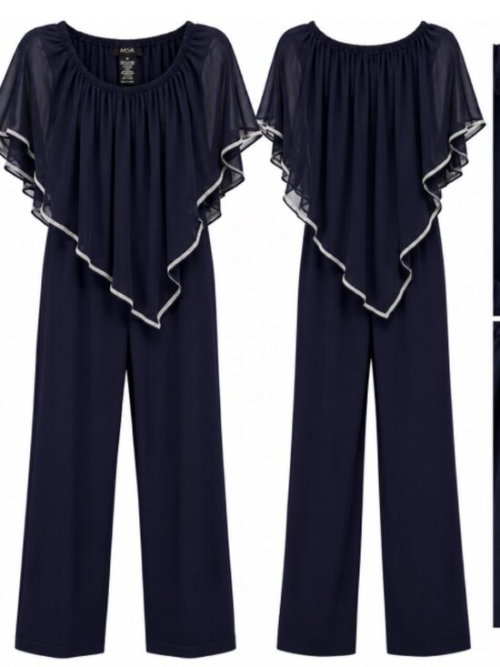 MSK Pants - MSK Navy Blue Wide Leg Jumpsuit Sheer Flutter Sleeves Silver Trim NWT Size M NWT